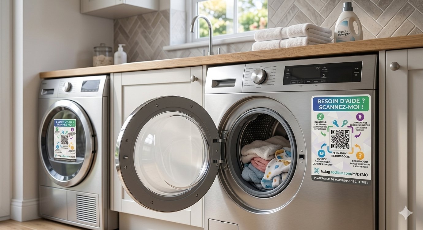 Étiquette FixTag sur un lave-linge en buanderie